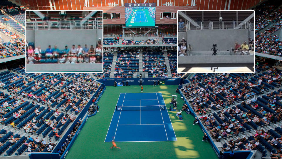 Louis Armstrong Stadium looks great from inside, but it took some adjustments to make it look good on TV. Inset: before (L) and after (R) seats were ripped out to make way for a new camera. Pic: Getty/Twitter