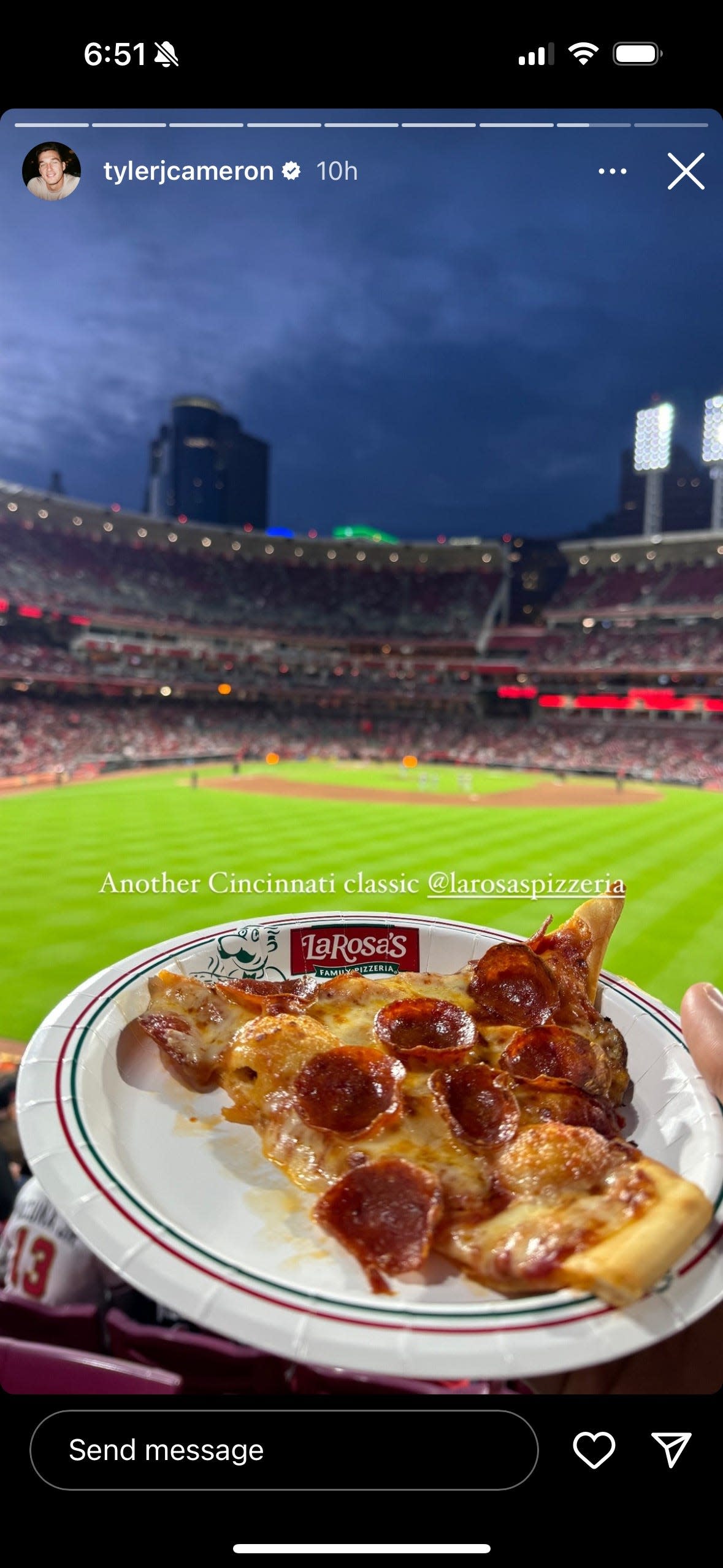 Bachelor Nation fan favorite, Tyler Cameron, posted photos from Great American Ball Park on his Instagram story Friday night.