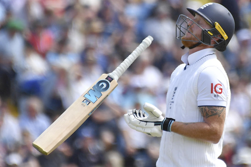 England's Ben Stokes reacts after being dismissed by Australia's Mitchell Starc during the fourth day of the third Ashes Test match between England and Australia at Headingley, Leeds, England, Sunday, July 9, 2023. (AP Photo/Rui Vieira)