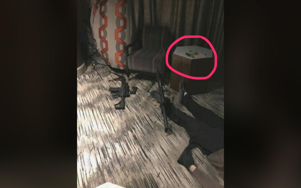 <p>Stephen Paddock’s body is visible in his room at the Mandalay Hotel along with weapons he may have used during his mass shooting at the Route 91 Harvest country music festival in Las Vegas, Nev., on Oct 1, 2017. (Photo: Anonymous) </p>