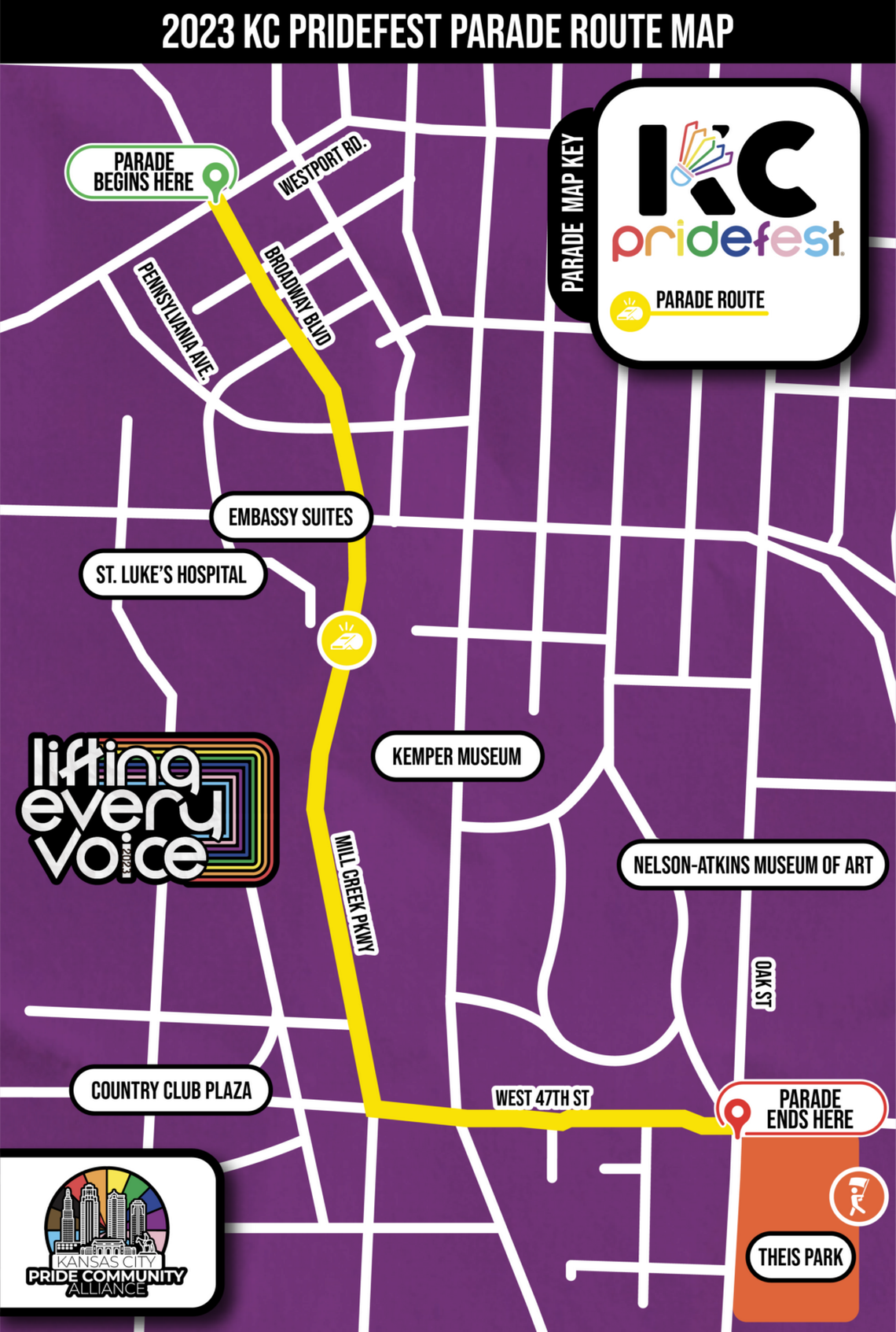 This map shows the route of 2023’s Kansas City Pride Parade.