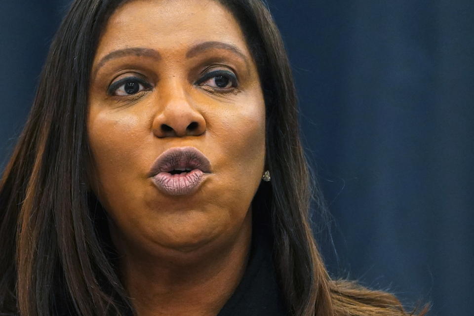 New York Attorney General Letitia James speaks at a news conference about price gouging amid the coronavirus disease (COVID-19) pandemic in the Manhattan borough of New York City, New York, U.S., April 1, 2021. REUTERS/Carlo Allegri