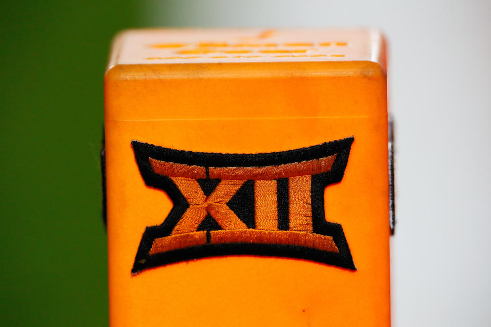 STILLWATER, OK - SEPTEMBER 1:  The Big 12 logo is attached to the end zone pylon during a game between the Oklahoma State Cowboys and the Central Michigan Chippewas at Boone Pickens Stadium on September 1, 2022 in Stillwater, Oklahoma. OSU won 58-44. (Photo by Brian Bahr/Getty Images)