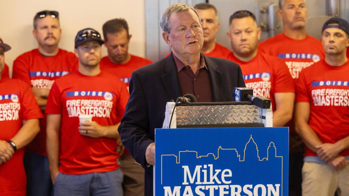Masterson, a former police chief, speaks at an endorsement event in August with representatives of the Firefighters Local 149 union, International Brotherhood of Police Officers Local 486, and Treasure Valley Fraternal Order of Police.
