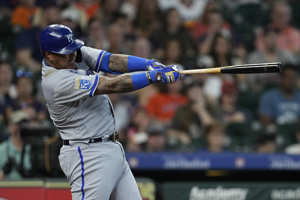 Kansas City Royals' Salvador Perez hits a home run against the Houston Astros during the third inning of a baseball game Sunday, Sept. 24, 2023, in Houston. (AP Photo/David J. Phillip)