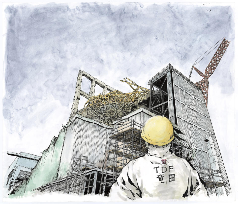 In this drawing released by Kazuto Tatsuta /KODANSHA, the main character in comic-artist Kazuto Tatsuta's comic “1F: The Labor Diary Of Fukushima Dai-ichi Nuclear Power Plant" stands against the tsunami-crippled plant's reactor shattered by melt-down. Tatsuta worked at the plant that suffered three meltdowns after the 2011 tsunami from June to December 2012 in part because he was struggling as a manga artist, but “1F” is his biggest success yet. The opening episode won a newcomer award and was published last year in Morning, a weekly manga magazine with a circulation of 300,000. (AP Photo/Kazuto Tatsuta /KODANSHA)