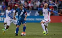 Guatemala midfielder Jean Marquez (8) dribbles the ball while United States midfielder Michael Bradley (4) defends in the first half of the game during the semifinal round of the 2018 FIFA World Cup qualifying soccer tournament at MAPFRE Stadium. Trevor Ruszkowski-USA TODAY Sports