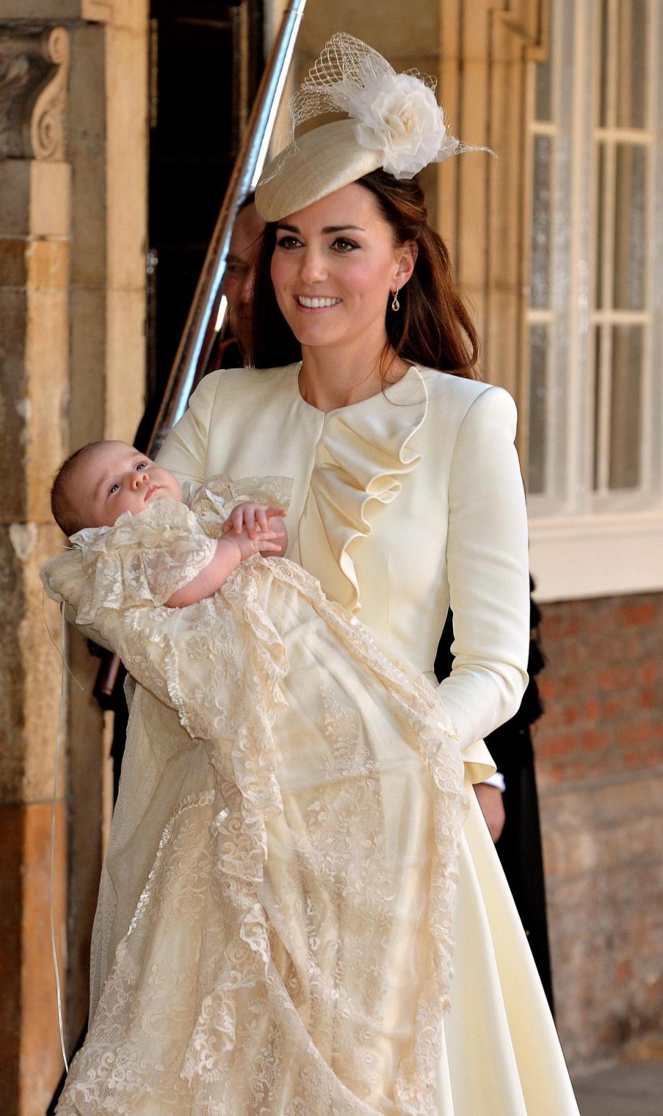 Prince George, 2013: Prince George was christened in a small ceremony on 23 October 2013 wearing a replica of the 172-year-old Honiton lace royal christening robe in which the Duke of Cambridge was himself christened.The survice took place in The Chapel Royal at St James’s Palace – the same location as where Prince Louis’ baptism took place – and was attended by the Queen and Duke of Edinburgh, Prince Harry, Zara Tindall, Mike Tindall, and the Duke and Duchess of Cornwall.The Duchess of Cambridge chose to wear a dress by British fashion label Alexander McQueen for the occasion and a lace fascinator. (Getty Images)