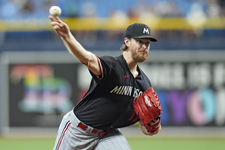Minnesota Twins starting pitcher Bailey Ober delivers to the Tampa Bay Rays during the first inning of a baseball game Thursday, June 8, 2023, in St. Petersburg, Fla. (AP Photo/Chris O'Meara)