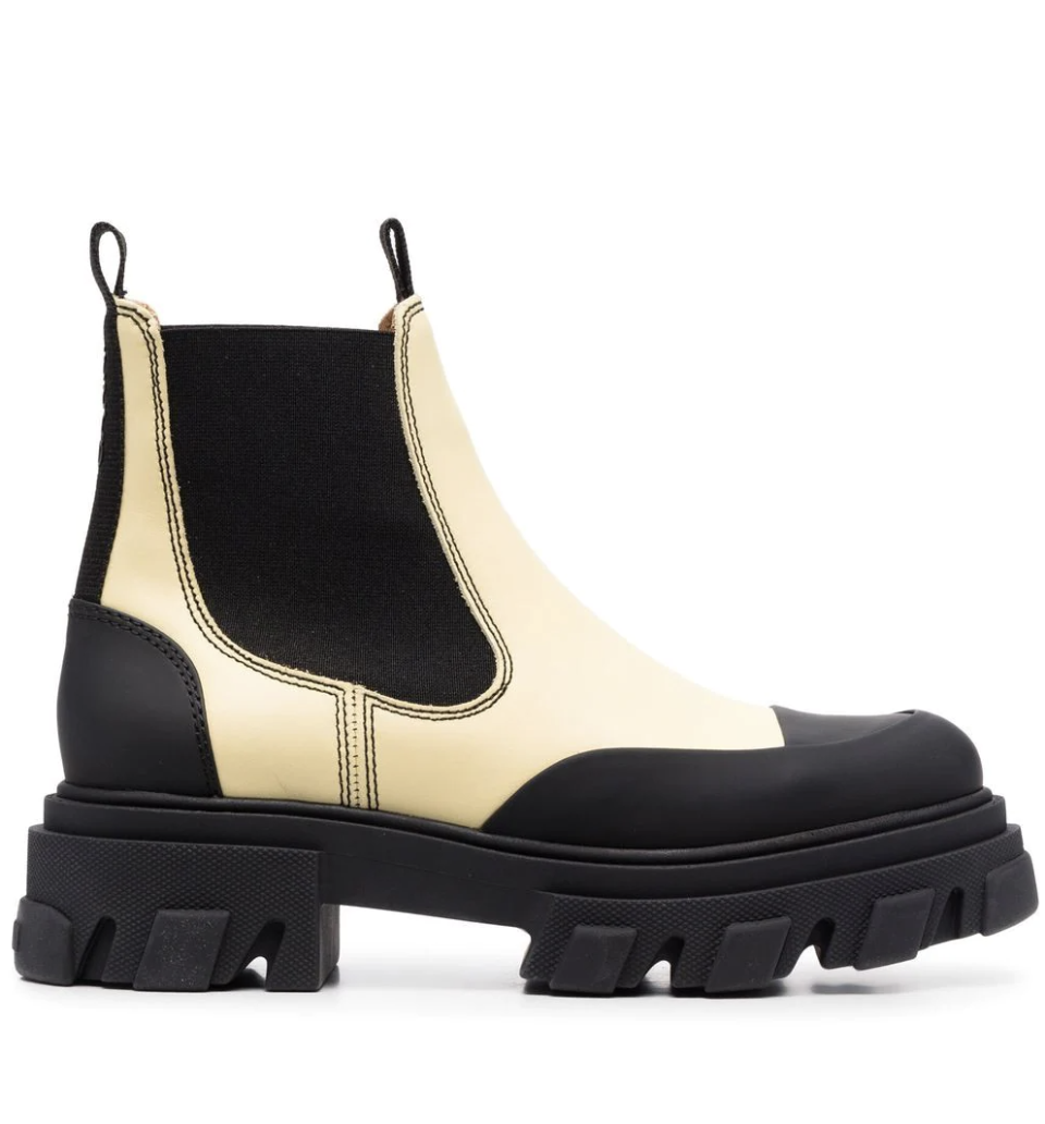 Ganni Two-Tone Leather Ankle Boots in beige and black (photo via Farfetch)