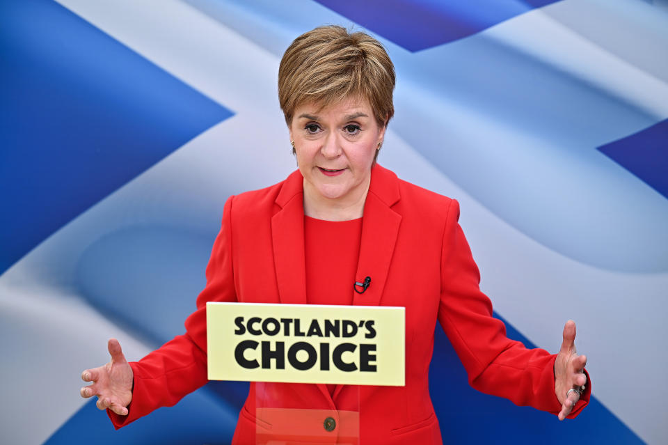 <p>First Minister and leader of the Scottish National Party Nicola Sturgeon, launches her party's Election Manifesto from a conservatory at her home in Glasgow. Picture date: Thursday April 15, 2021.</p>
