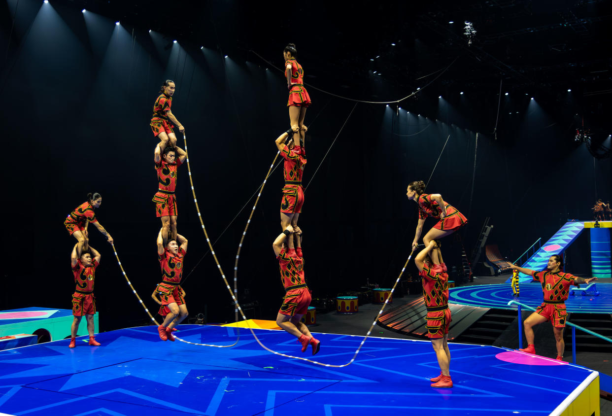 A group of performers from Mongolia, execute their jump rope act on an elevated platform during the Ringling Bros. and Barnum & Bailey circus. (Courtesy Feld Entertainment)