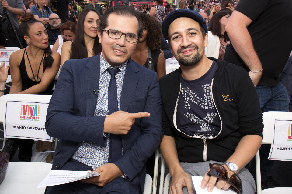 NEW YORK, NY - SEPTEMBER 15:  John Leguizamo and Lin-Manuel Miranda attend Viva Broadway Special Event at Duffy Square on September 15, 2017 in New York City.  (Photo by Santiago Felipe/Getty Images)