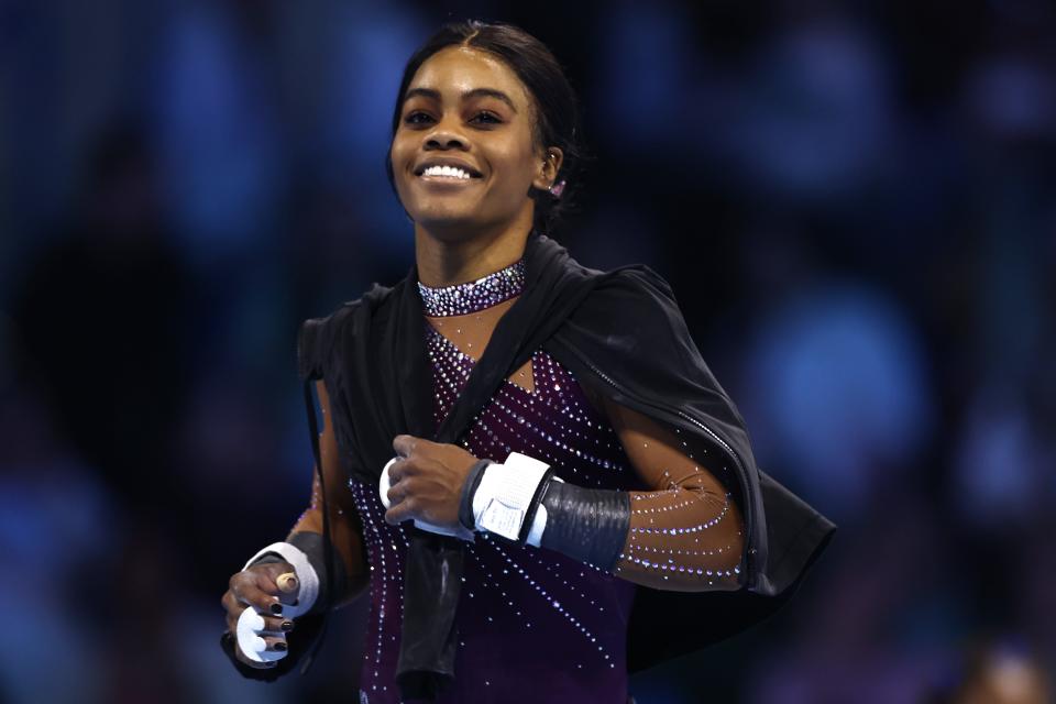 Gabby Douglas looks on prior to the 2024 Core Hydration Classic at XL Center on May 18, 2024 in Hartford, Connecticut.