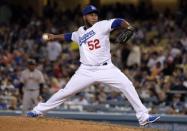 Apr 1, 2019; Los Angeles, CA, USA; Los Angeles Dodgers relief pitcher Pedro Baez (52) delivers a pitch against the San Francisco Giants at Dodger Stadium. Mandatory Credit: Kirby Lee-USA TODAY Sports