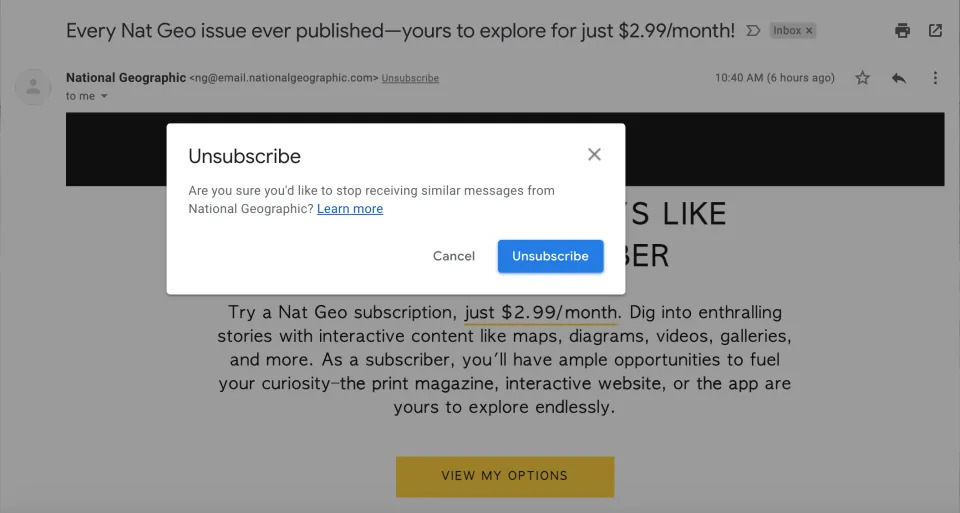 To confirm unsubscribing, click the option in the pop-up window.