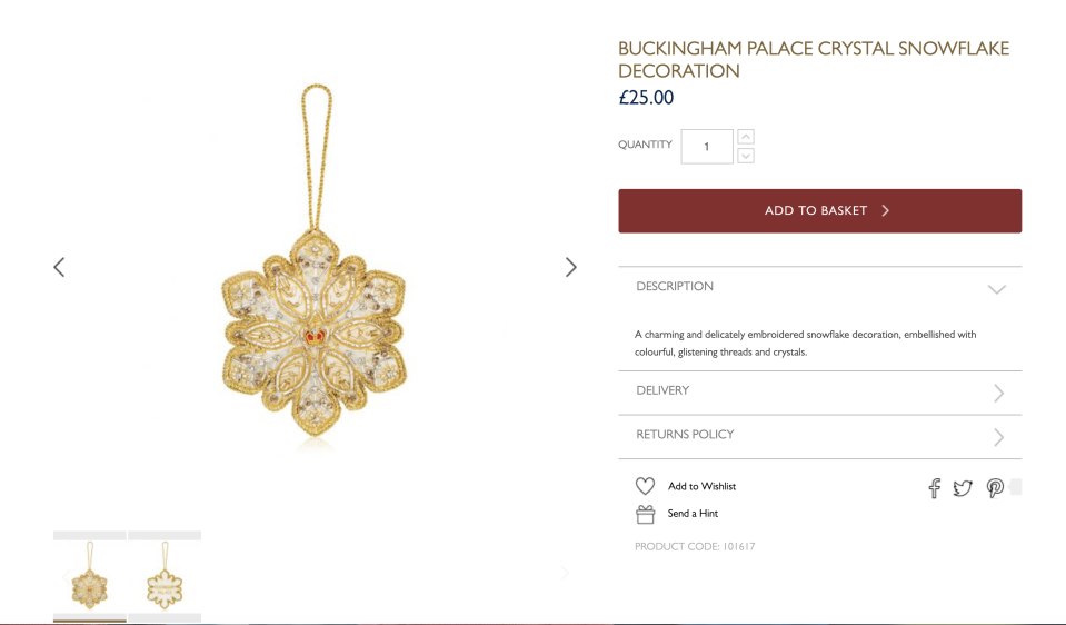 The crystal snowflake is £25. (Buckingham Palace)