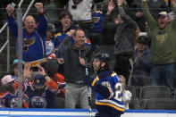 St. Louis Blues' Brandon Saad (20) celebrates after scoring the game-winning goal during overtime of an NHL hockey game against the Edmonton Oilers Monday, April 1, 2024, in St. Louis. (AP Photo/Jeff Roberson)