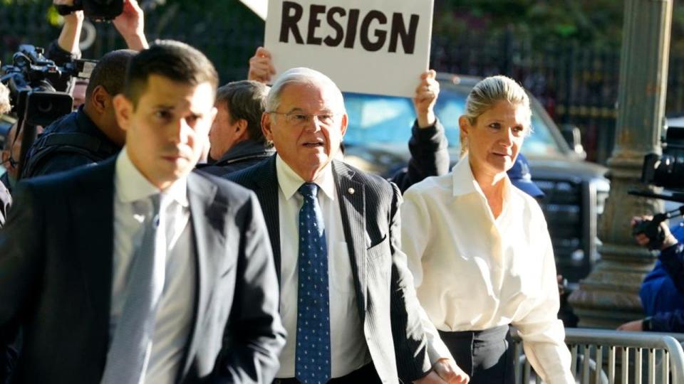 <div>TOPSHOT - US Senator Bob Menendez, Democrat of New Jersey, and his wife Nadine Arslanian, arrive at the US District Court, Southern District of New York, in New York City on September 27, 2023. Federal prosecutors charged Menendez and Arslanian, on September 22, 2023, with bribery and extortion, saying gold bars and hundreds of thousands of dollars in cash had been found at their home. In one of several allegations, the Justice Department said Menendez had provided sensitive information to the Egyptian government in order to help an Egyptian-American businessman protect his monopoly. (Photo by TIMOTHY A. CLARY / AFP) (Photo by TIMOTHY A. CLARY/AFP via Getty Images)</div>