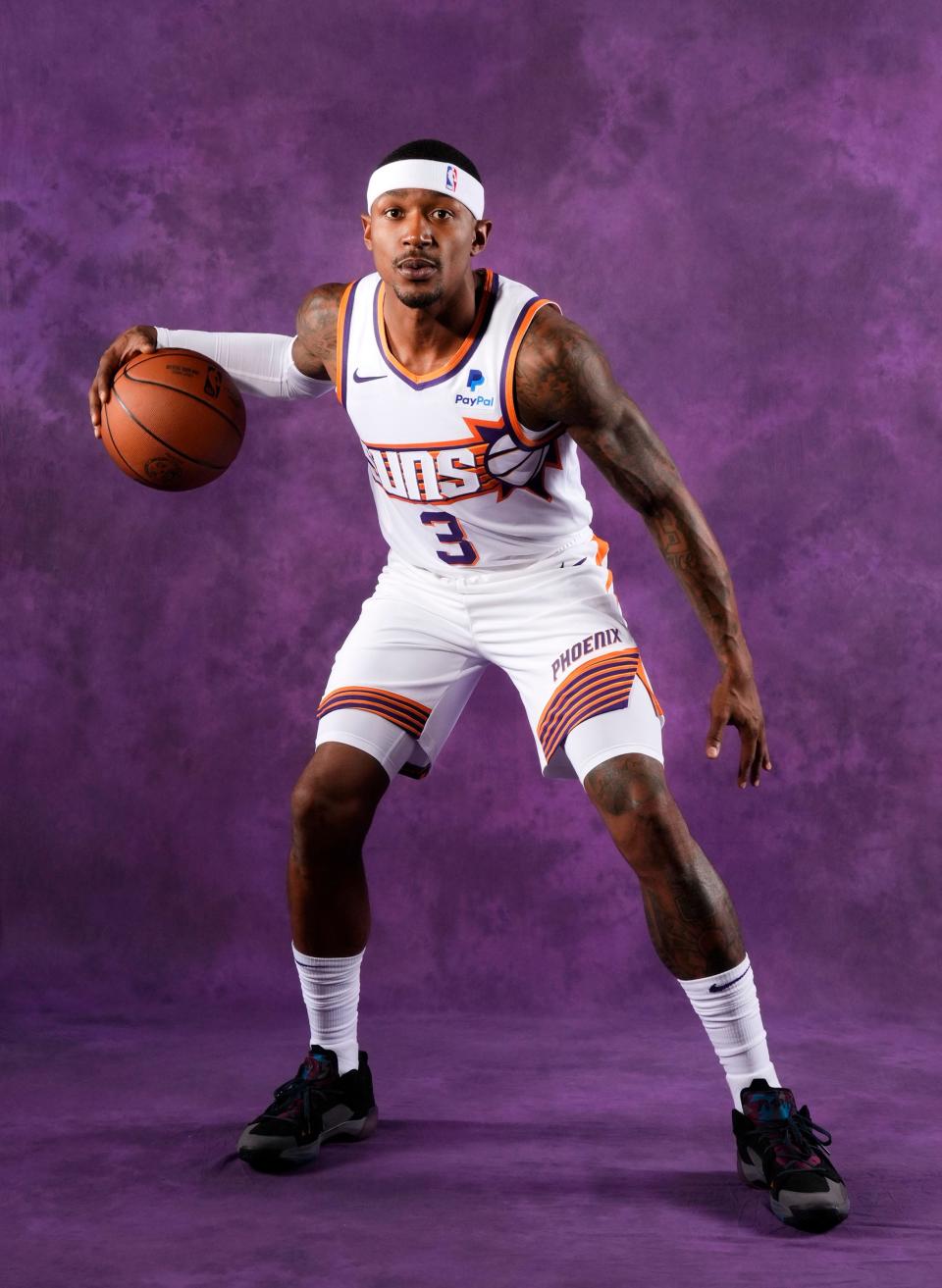Phoenix Suns guard Bradley Beal (3) during media day at Footprint Center in Phoenix on Oct. 2, 2023.