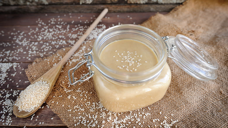 Homemade tahini in jar