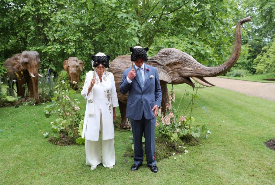 Charles and Camilla hold masks over their eyes at an elephant charity event