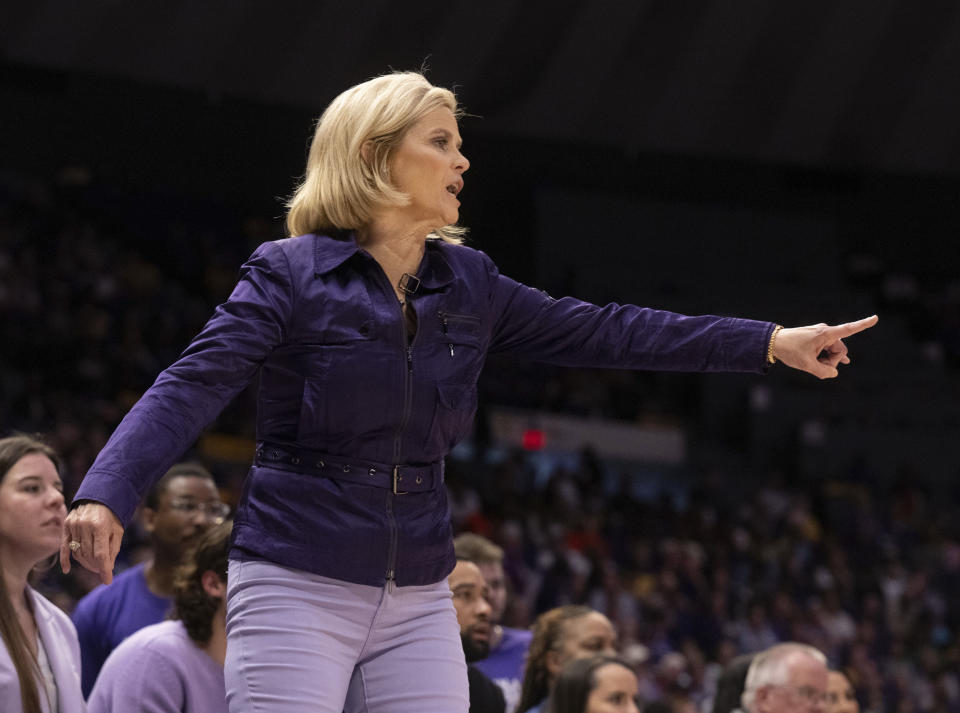 LSU coach Kim Mulkey gestures during the second half of the team's NCAA college basketball game against Auburn on Thursday, Feb. 22, 2024, in Baton Rouge, La. (Hilary Scheinuk/The Advocate via AP)