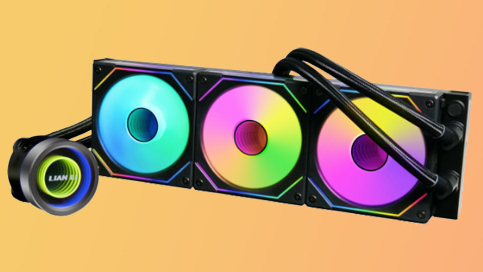  A Lian Li Galihad liquid cooler on a gradient background. 