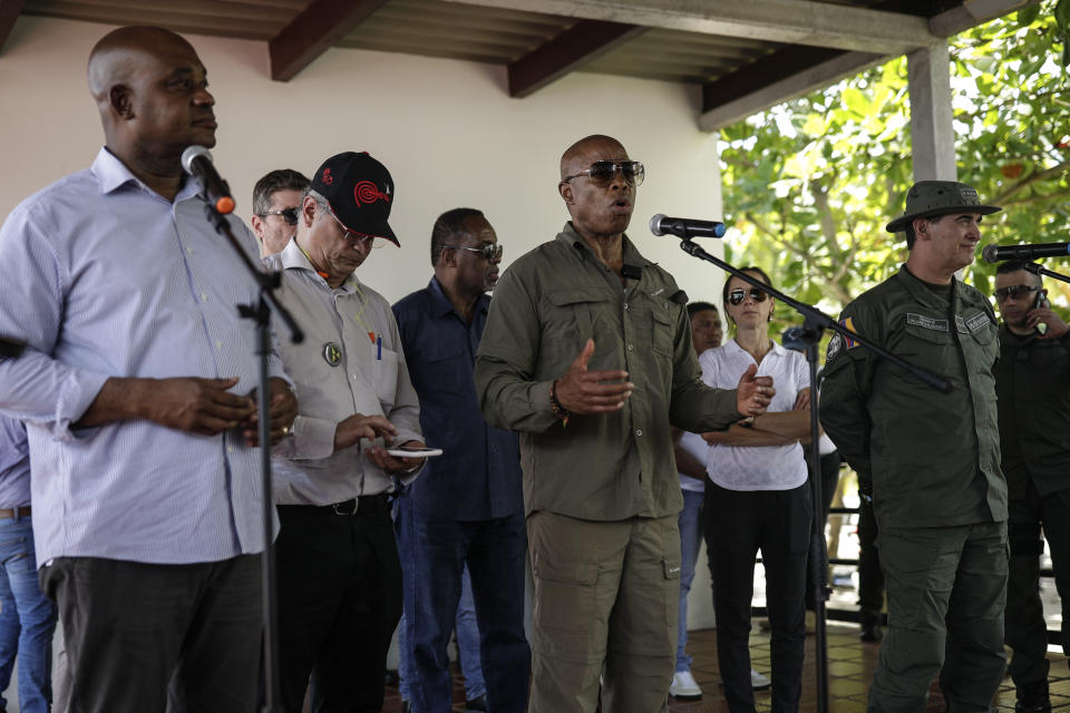 New York City Mayor Eric Adams speaks in Necocli, northern Colombia, Saturday, Oct. 7, 2023. Adams has capped off a four-day trip to Latin America with a visit to the city where thousands of migrants start the trek across the Darien jungle, as they head to the United States. (AP Photo/Ivan Valencia)