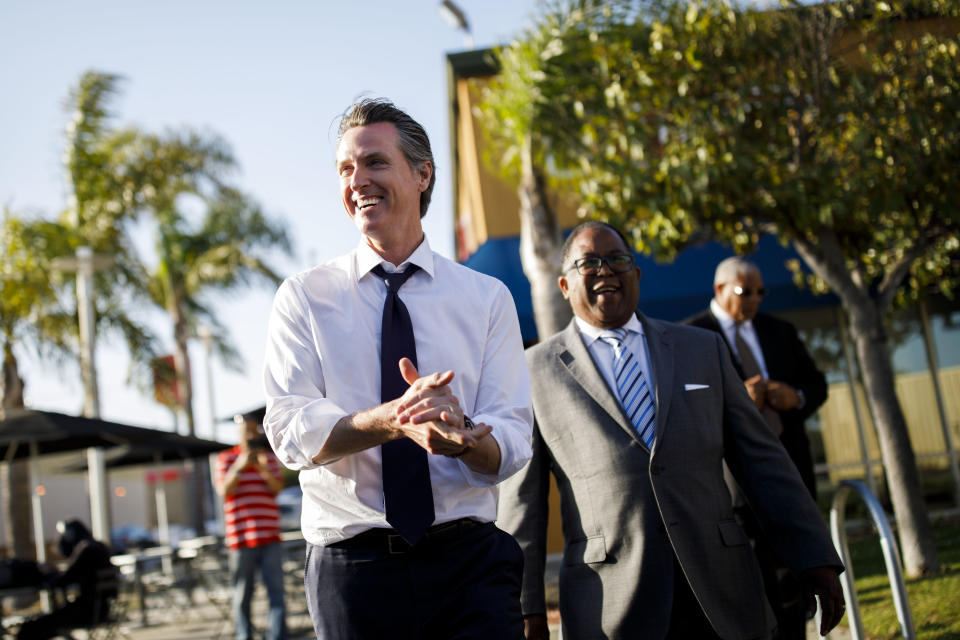 Lt. Gov. Gavin Newsom, Democratic candidate for governor of California, during a campaign visit with Los Angeles County Supervisor Mark Ridley-Thomas on May 31, 2018, in Los Angeles. (Photo: Patrick T. Fallon for Yahoo News)