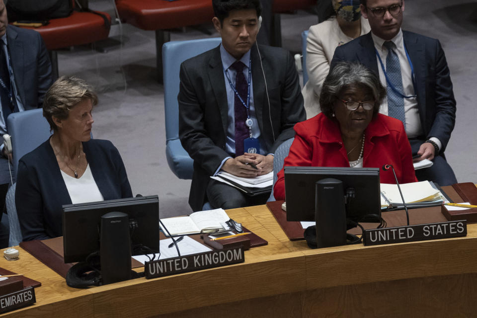 United Kingdom Ambassador the United Nations Dame Barbara Woodward looks as U.S. Ambassador to the U.N. Linda Thomas-Greenfield speaks during a meeting at the U.N. Security Council, Wednesday, Sept. 7, 2022. (AP Photo/Yuki Iwamura)