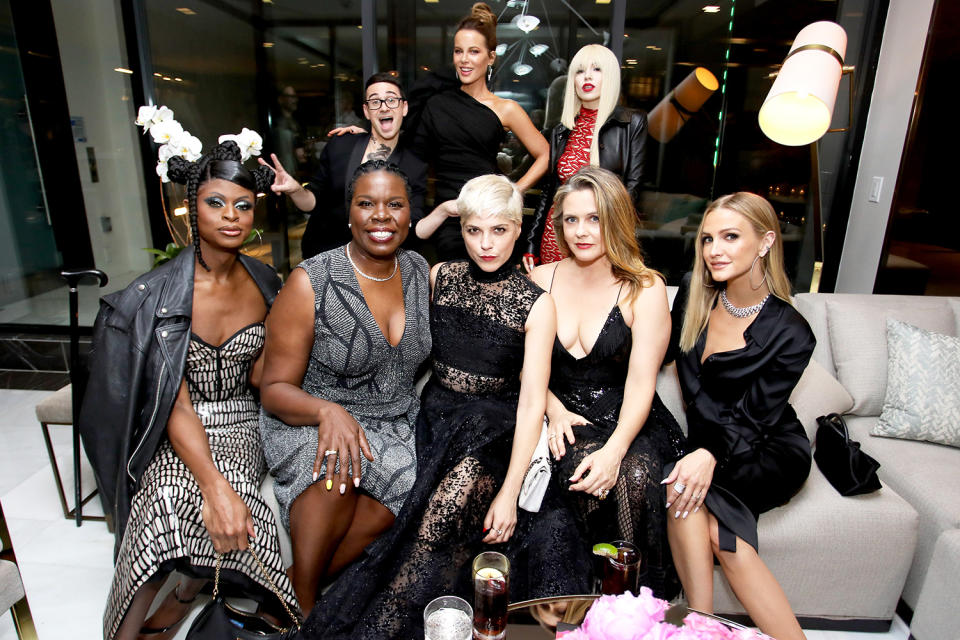 <p>Symone (left), Leslie Jones, Kate Beckinsale, Ava Max, Selma Blair, Alicia Silverstone and Ashlee Simpson Ross celebrate the launch of fashion designer Christian Siriano's new book <em>Dresses to Dream About</em> in West Hollywood on Nov. 19.</p>