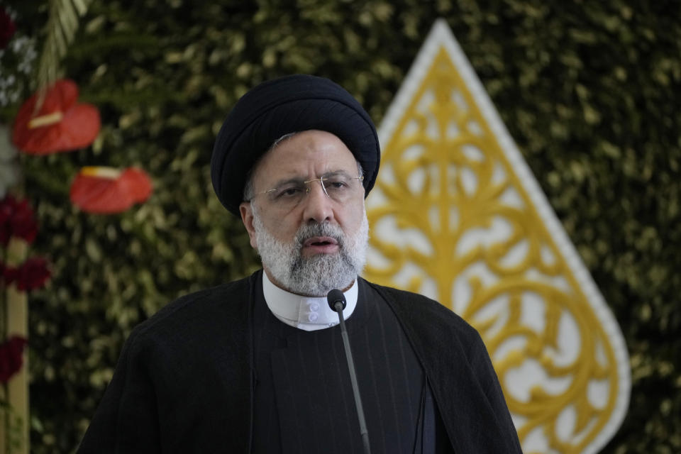 Iran's President Ebrahim Raisi speaks to journalists during a joint press conference with Indonesian President Joko Widodo at the Presidential Palace in Bogor, West Java, Indonesia, Tuesday, May 23, 2023. (AP Photo/Achmad Ibrahim)