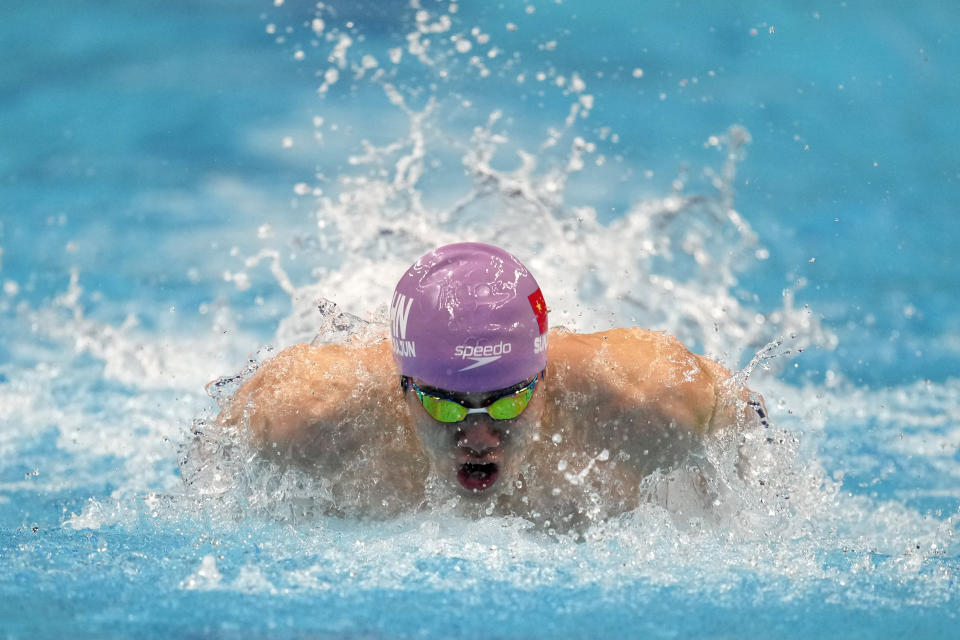 China's Sun Jiajun competes during the men's 4x100m medley relay swimming heat at the 19th Asian Games in Hangzhou, China, Tuesday, Sept. 26, 2023. (AP Photo/Lee Jin-man)