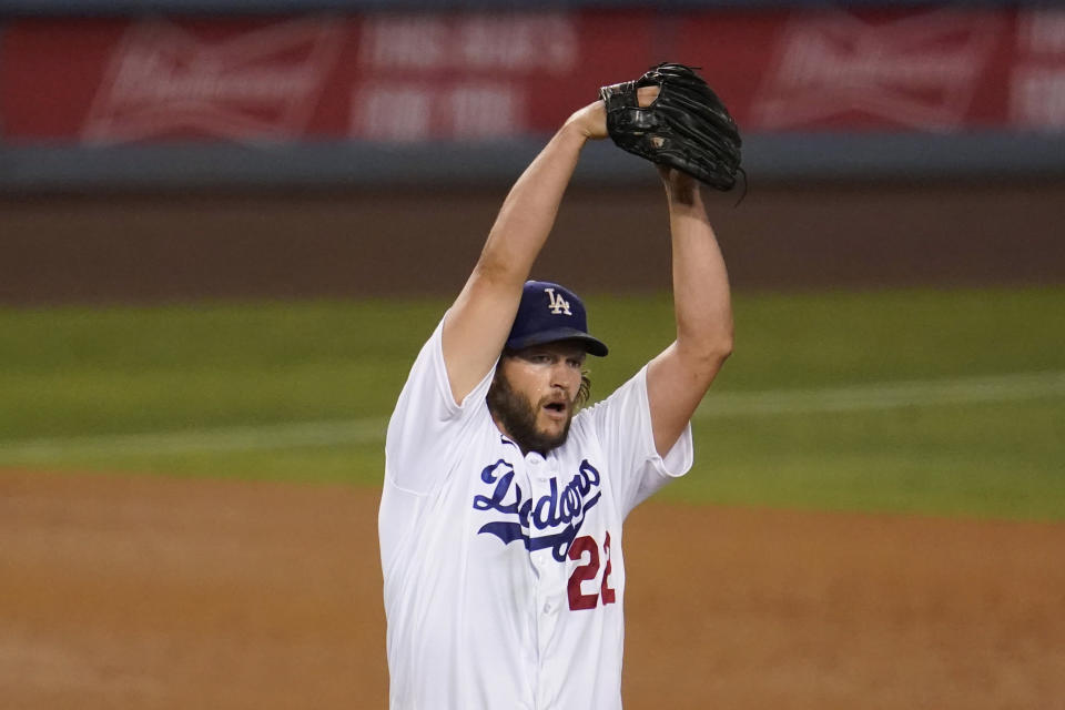 Los Angeles Dodgers starting pitcher Clayton Kershaw starts his wind up during the sixth inning of the team's baseball game against the Arizona Diamondbacks on Thursday, Sept. 3, 2020, in Los Angeles. (AP Photo/Marcio Jose Sanchez)