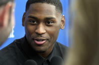 Malaki Branham, from Ohio State, talks with reporters during the NBA basketball draft combine at the Wintrust Arena Thursday, May 19, 2022, in Chicago. (AP Photo/Charles Rex Arbogast)