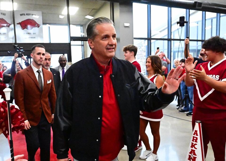 John Calipari arrives at Drake Field after being officially announced as the next head coach of the Arkansas basketball program.