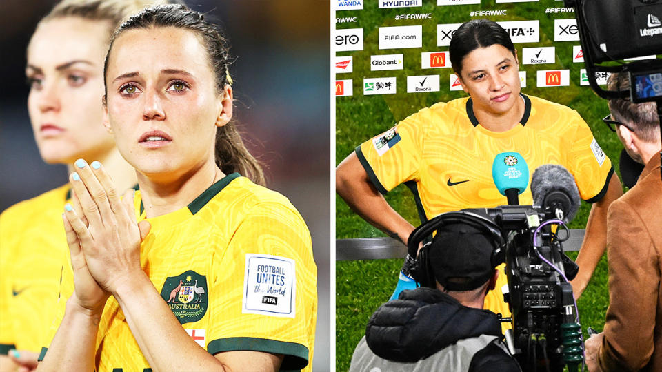 Matildas star Hayley Raso devastated and Sam Kerr doing an interview.