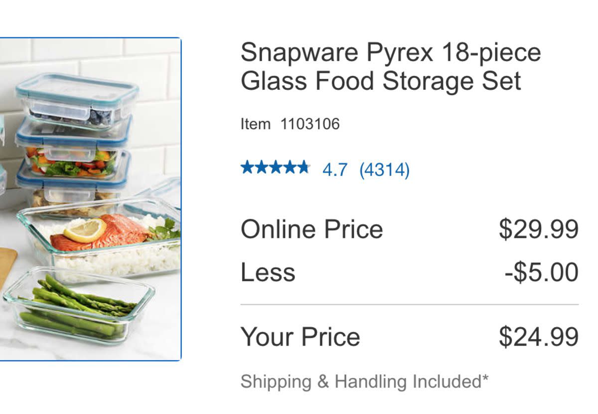 Costco Website featuring Snapware Pyrex 18-Piece Glass Food Storage Set showing both online and in-store price