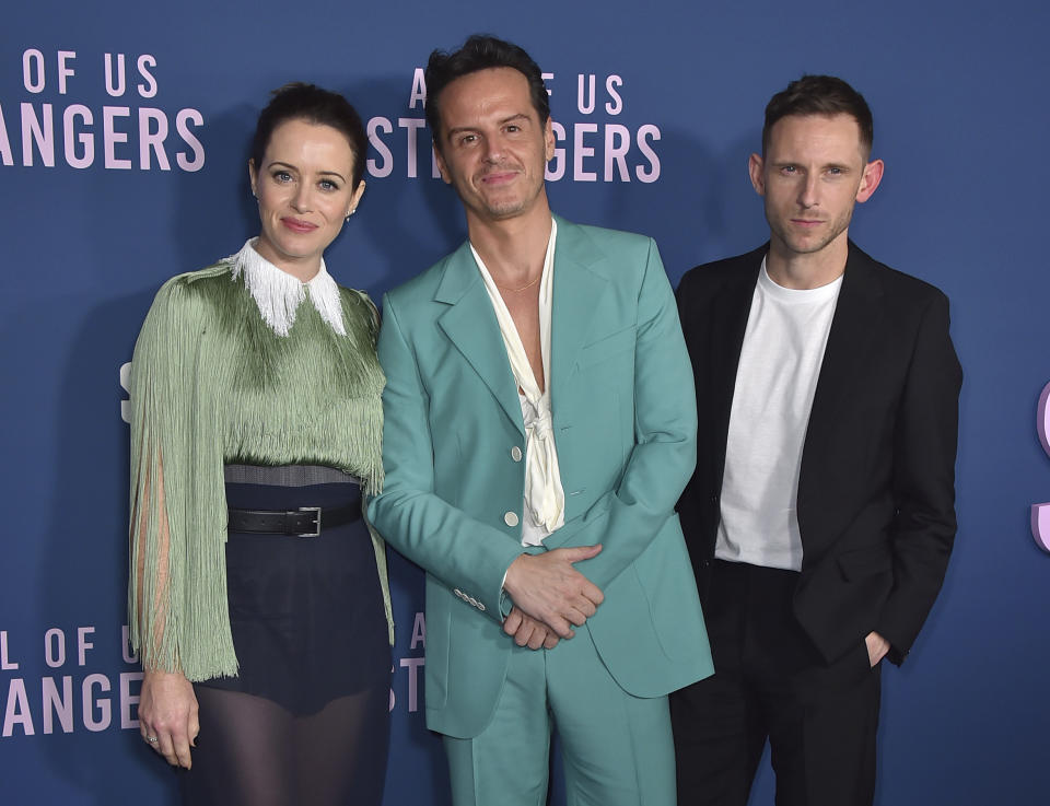 Claire Foy, from left, Andrew Scott and Jamie Bell arrive at a screening of "All of Us Strangers," Saturday, Dec. 9, 2023, at Vidiots in Los Angeles. (Photo by Jordan Strauss/Invision/AP)