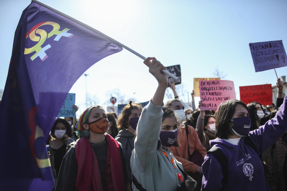 Protesters chant slogans during a demonstration in Istanbul,Saturday, March 27, 2021 against Turkey's withdrawal from Istanbul Convention, an international accord designed to protect women from violence. The Istanbul Convention states that men and women have equal rights and obliges national authorities to take steps to prevent gender-based violence against women, to protect victims and to prosecute perpetrators. Conservative groups and some officials from Turkeys President Recep Tayyip Erdogan's Islamic-oriented ruling party take issue with these terms, saying they promote homosexuality. (AP Photo/Emrah Gurel)