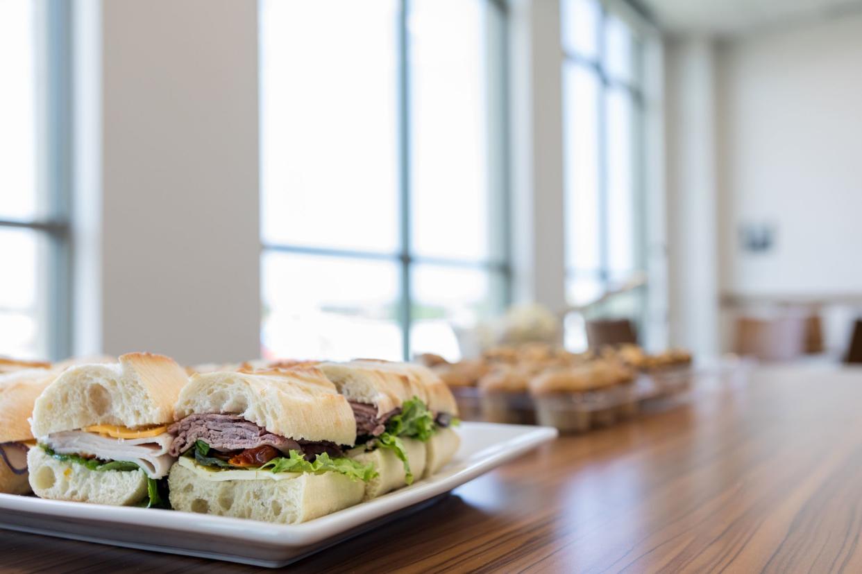 The delicious food is set up and waiting for the meeting attendees to come and serve themselves.