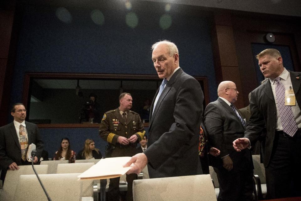 Homeland Security Secretary John Kelly arrives on Capitol Hill in Washington, Tuesday, Feb. 7, 2017, to testify before the House Homeland Security Committee hearing on border security. This is Kelly's first public appearance before lawmakers who are sure to press him for details about the Trump administration's contentious rollout of a travel and refugee ban. (AP Photo/Andrew Harnik)
