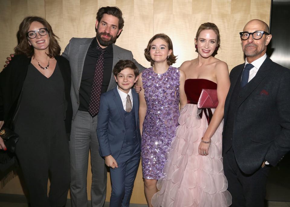 Felicity Blunt, John Krasinski, Noah Jupe, Millicent Simmonds, Emily Blunt and Stanley Tucci attend "A Quiet Place" New York Premiere After Party on April 2, 2018 in New York City