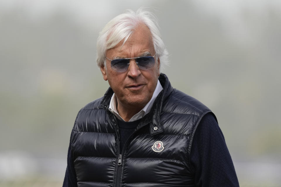 FILE - Horse trainer Bob Baffert looks on prior to the Breeders' Cup horse races at Del Mar racetrack in Del Mar, Calif., Friday, Nov. 5, 2021. Baffert plans to enter Taiba in the Breeders Cup Classic. It’ll be the first major event for Baffert since he served a 90-day suspension by Kentucky racing officials earlier this year. (AP Photo/Jae C. Hong, File)