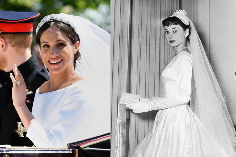 <p>For her royal wedding to Prince Harry, Meghan wore a <a rel="nofollow noopener" href="https://www.elle.com/fashion/celebrity-style/a20067822/meghan-markle-wedding-dress-first-glimpse-royal-wedding/" target="_blank" data-ylk="slk:perfectly minimalist gown;elm:context_link;itc:0;sec:content-canvas" class="link ">perfectly minimalist gown</a> designed by Givenchy. The gown closely resembles the dress Audrey had planned to wear (and took photos in) by Zoe Fontana before she and ex-fiancée James Hanson decided to call off their wedding. Both dresses were stark white and featured long sleeves, boat necks, and long cathedral veils.</p>