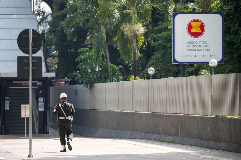 Security outside the Association of Southeast Asian Nations (ASEAN) secretariat building, before the ASEAN leaders' meeting in Jakarta