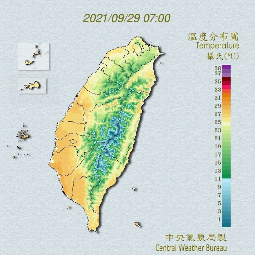 今日清晨溫度偏低，但白天時溫度會升高，各地高溫約31至35度。（圖／翻攝自中央氣象局）