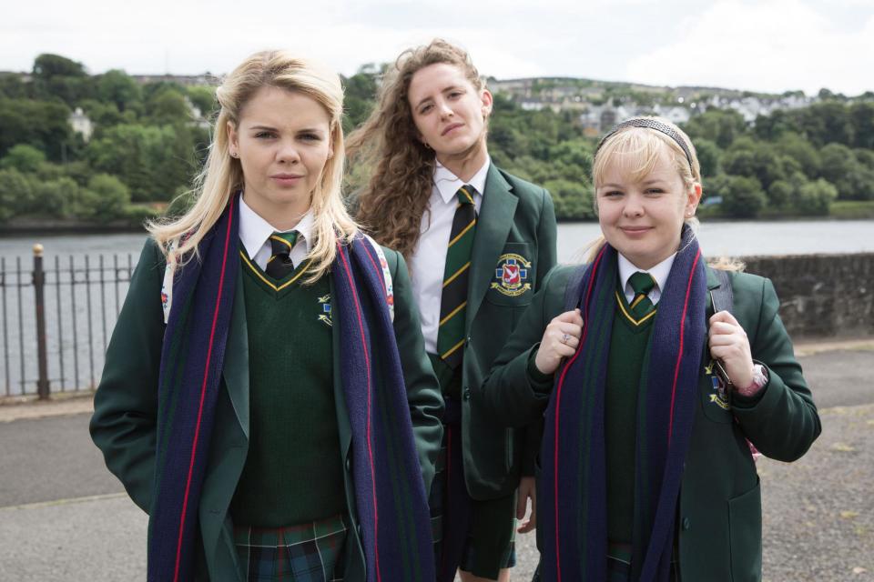 School’s out: from left: James Maguire (Dylan Llewellyn), Michelle Mallon (Jamie-Lee O’Donnell), Erin Quinn (Saoirse Jackson), Orla McCool (Louisa Harland), Clare Devlin (NIcola Coughlan): Channel 5