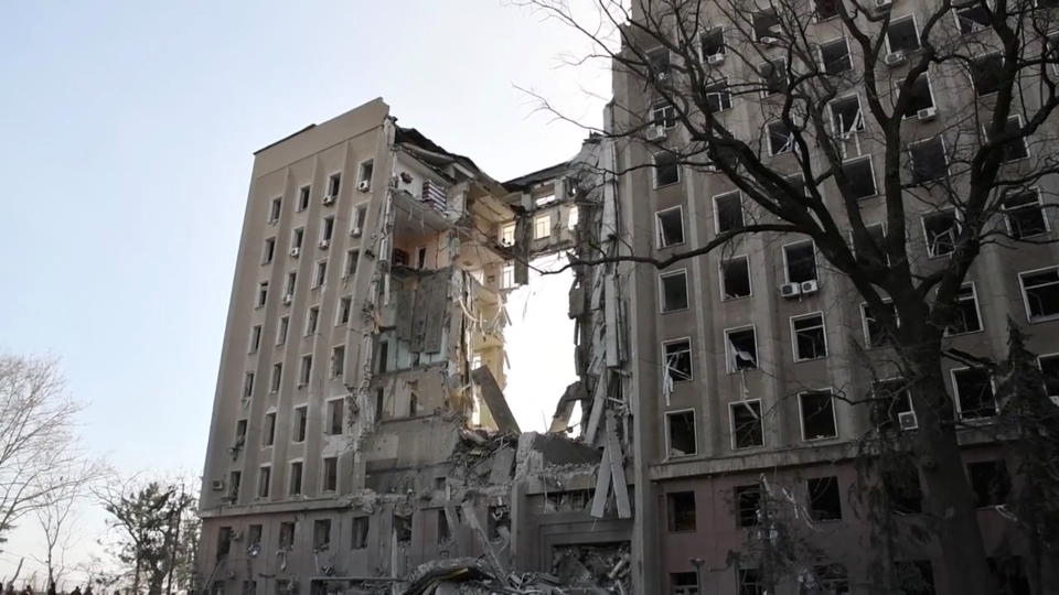 The regional administration building is seen damaged after it was hit by cruise missiles, as Russia's attack on Ukraine continues, in Mykolaiv, Ukraine in this still image taken from a video released March 29, 2022. State Emergency Service of Ukraine/Handout via REUTERS   ATTENTION EDITORS - THIS IMAGE HAS BEEN SUPPLIED BY A THIRD PARTY.